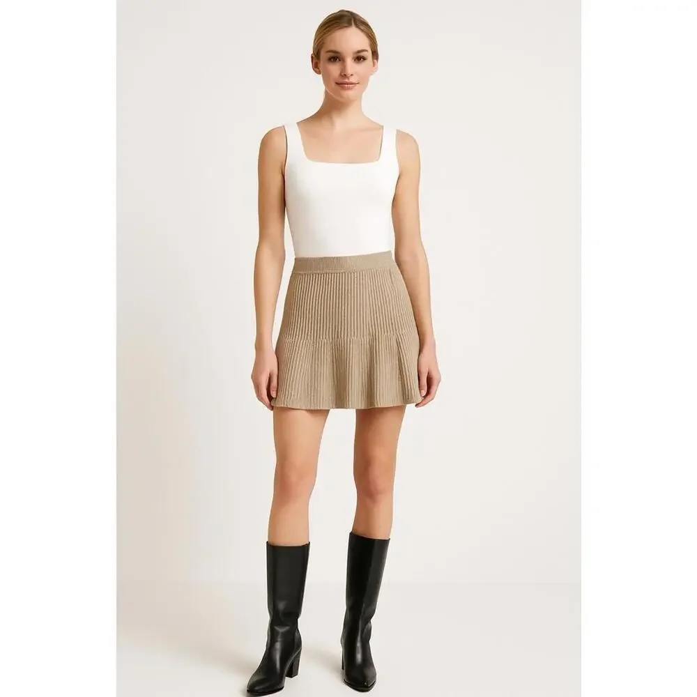 Tanya Taylor Skirt L Brown Knit Flounce Pull On Jennie Academia‎
